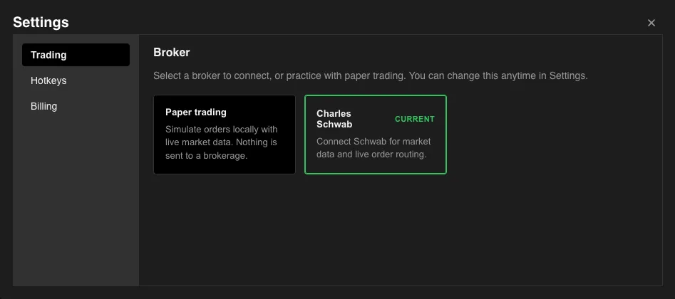 Broker connection and paper trading settings