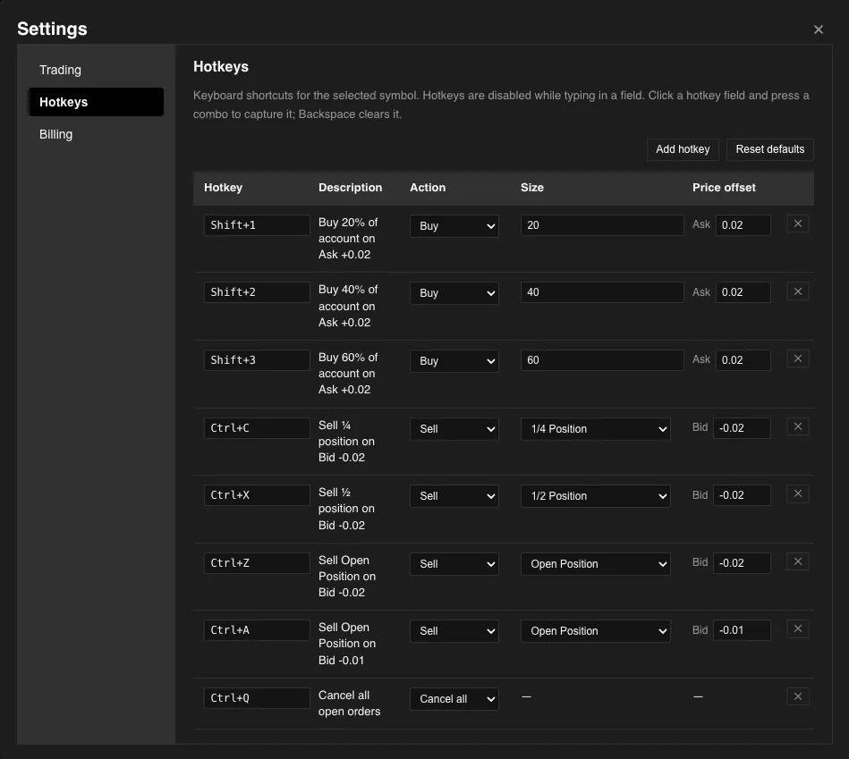 Hotkeys settings with buy, sell, and cancel shortcuts