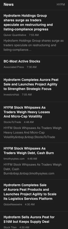 News panel with symbol-linked headlines and sources